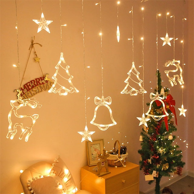 LED Deer Star Moon Curtain Light Christmas Garland String Fairy Lights Outdoor For Home Decor