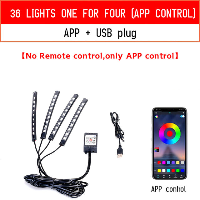 Led Car Foot Ambient Light With USB Cigarette Lighter Backlight Music Control App RGB Auto