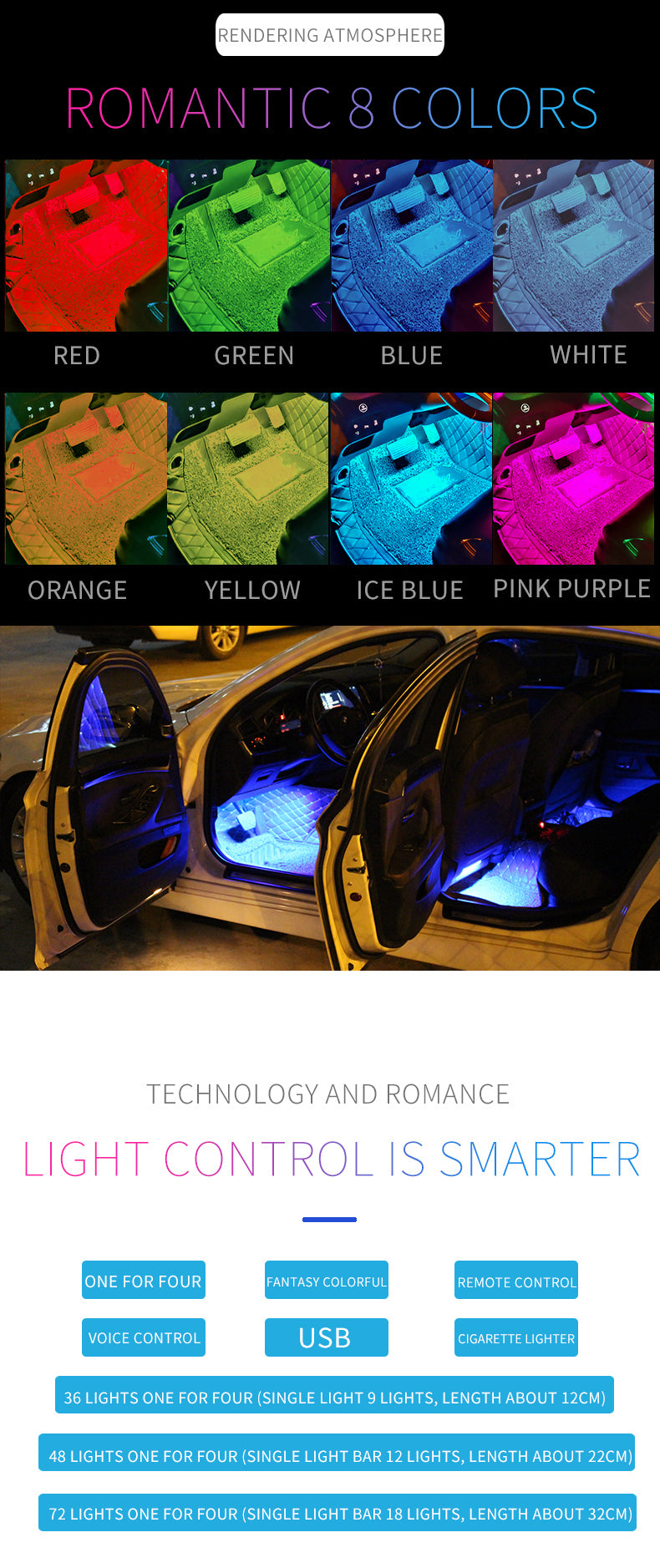 Led Car Foot Ambient Light With USB Cigarette Lighter Backlight Music Control App RGB Auto