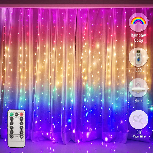 Rainbow LED Garland Curtain Lights Fairy String Remote Control USB Lamp