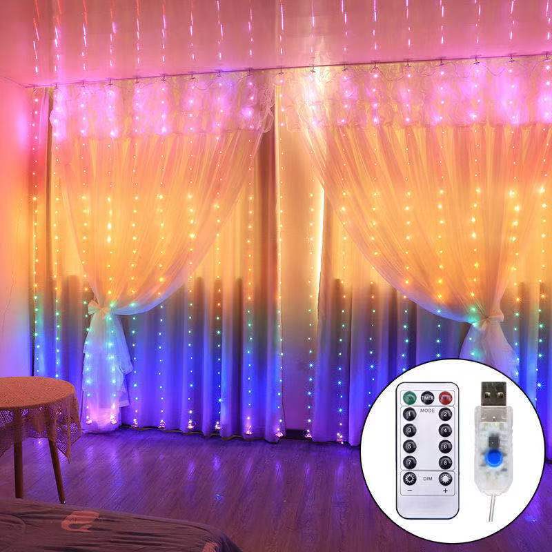 Rainbow LED Garland Curtain Lights Fairy String Remote Control USB Lamp