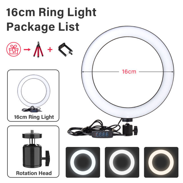 Dimmable Ring Light Selfie LED Round Lamps USB With Phone Holder