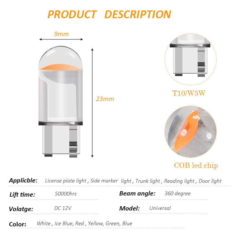 Car LED T10 W5W Canbus Glass COB 6000k Reading Dome Lamp Marker Wedge License PlateLight Bulb 168 194 192 DC 12V White Blue Red