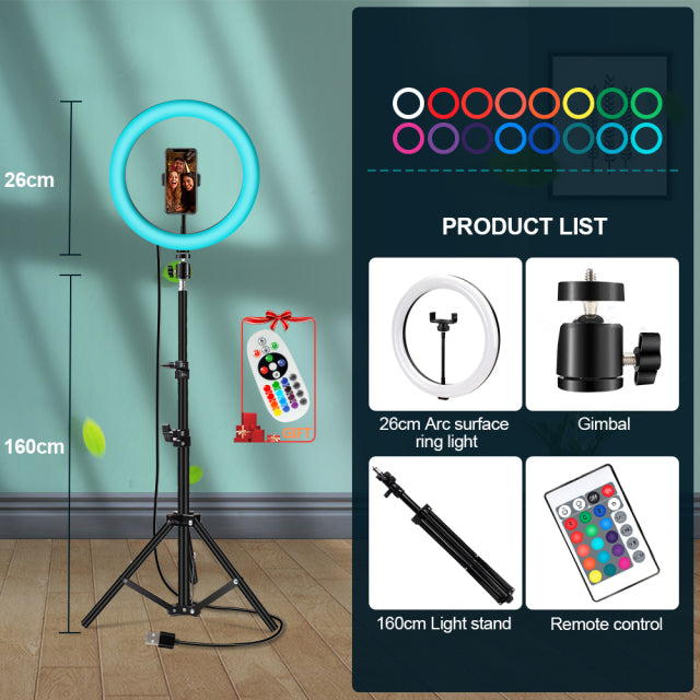 Ring Lamp RGB Colorful LED Ring Light with Tripod Stand Rainbow