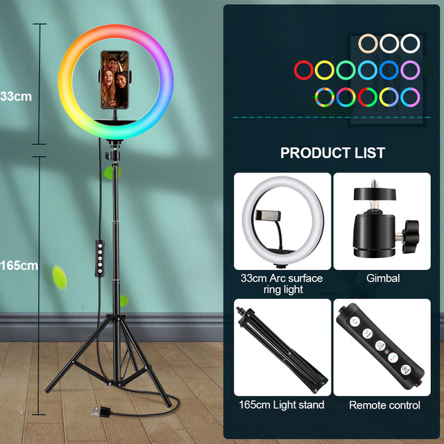 Ring Lamp RGB Colorful LED Ring Light with Tripod Stand Rainbow