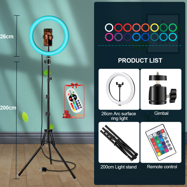 Ring Lamp RGB Colorful LED Ring Light with Tripod Stand Rainbow