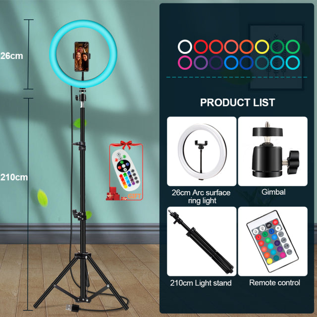 Ring Lamp RGB Colorful LED Ring Light with Tripod Stand Rainbow