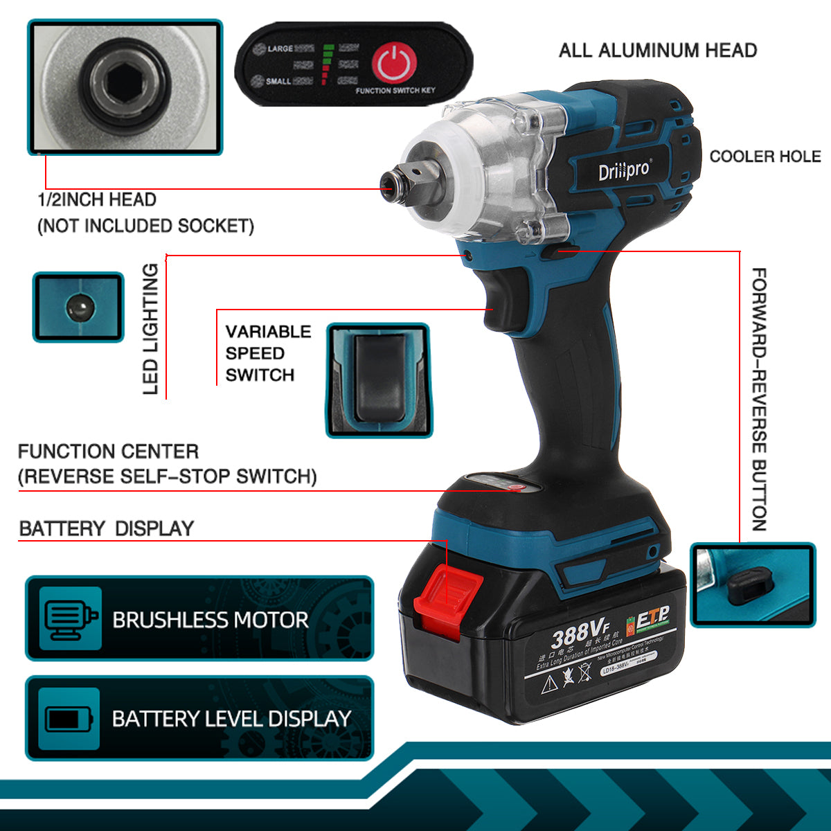 388vf 520N.M Brushless Cordless Electric Impact Wrench 1/2 inch Power Tools