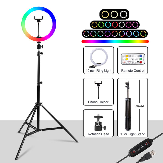 Dimmable Ring Light Selfie LED Round Lamps USB With Phone Holder