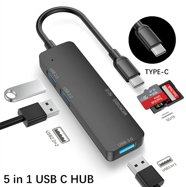 USB 3.0 Type C Hub 5 IN 1 Multi Splitter Adapter With TF SD Reader Slot Computer Accessories