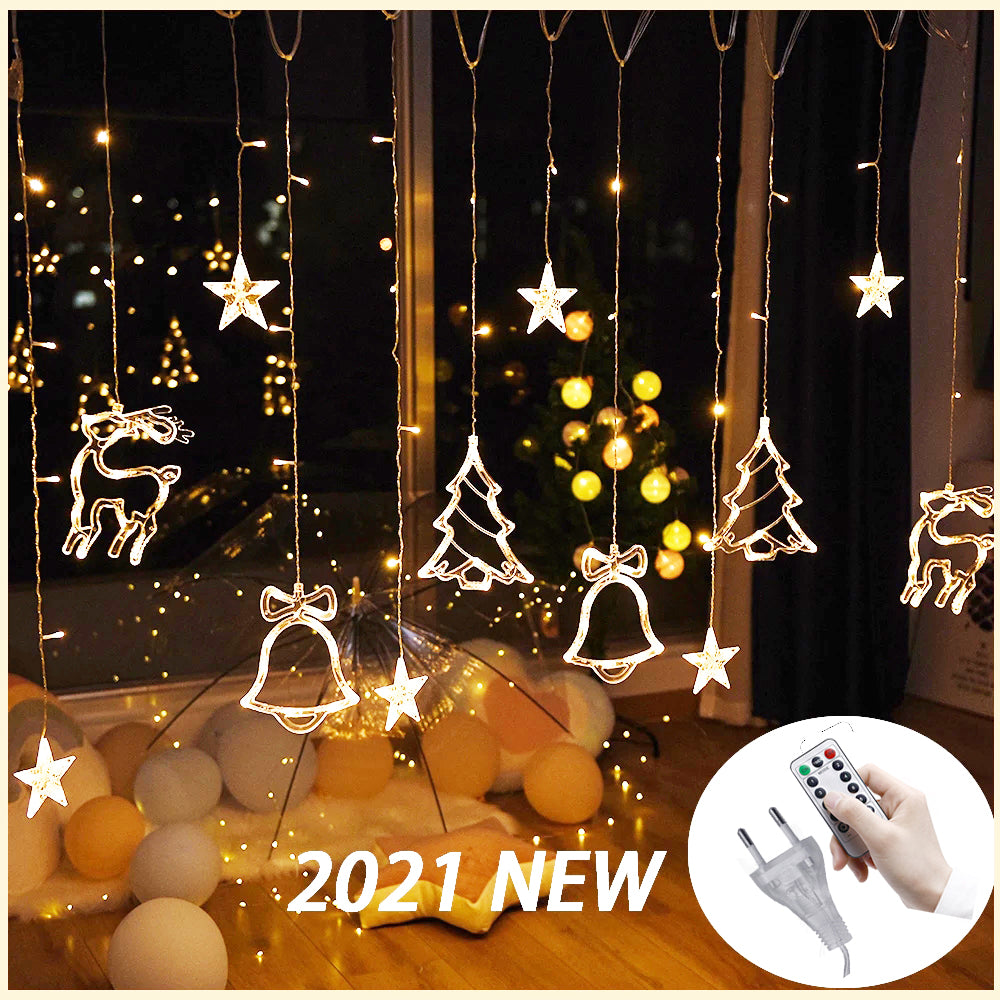 LED Star Deer Tree Bell Christmas Fairy Curtain String Lights For Home Decoration