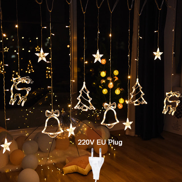 LED Star Deer Tree Bell Christmas Fairy Curtain String Lights For Home Decoration