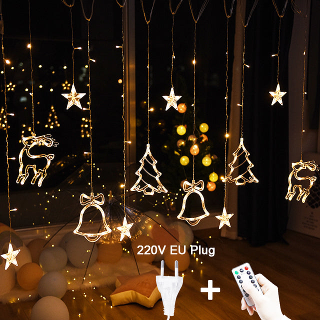 LED Star Deer Tree Bell Christmas Fairy Curtain String Lights For Home Decoration