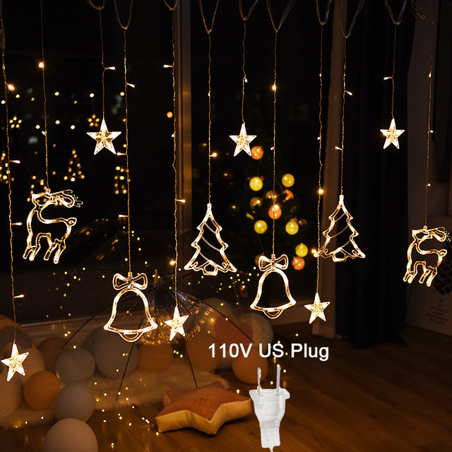 LED Star Deer Tree Bell Christmas Fairy Curtain String Lights For Home Decoration