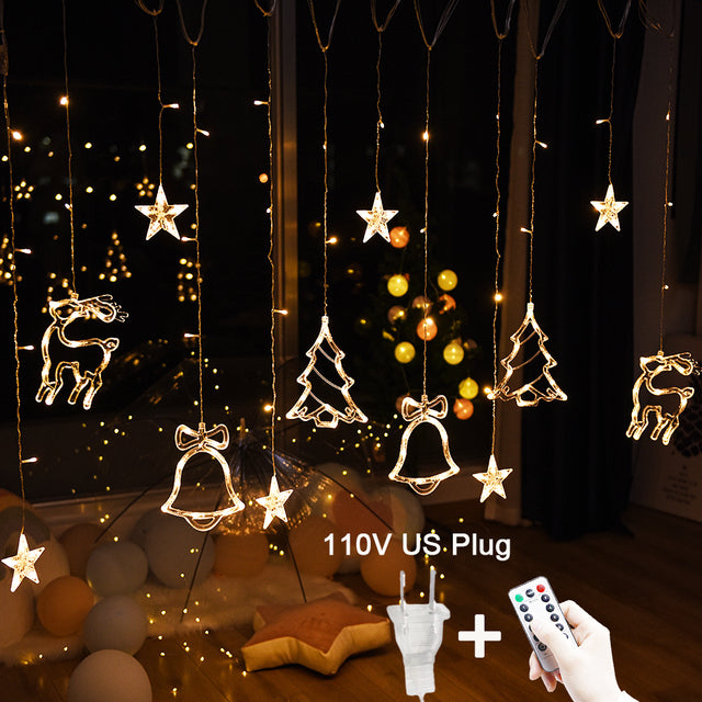 LED Star Deer Tree Bell Christmas Fairy Curtain String Lights For Home Decoration