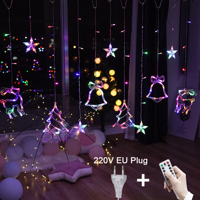 LED Star Deer Tree Bell Christmas Fairy Curtain String Lights For Home Decoration