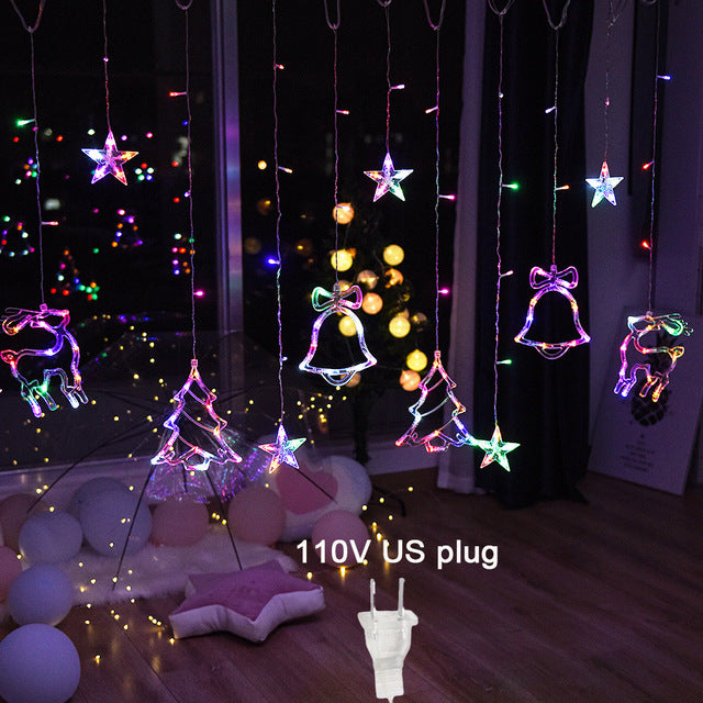 LED Star Deer Tree Bell Christmas Fairy Curtain String Lights For Home Decoration