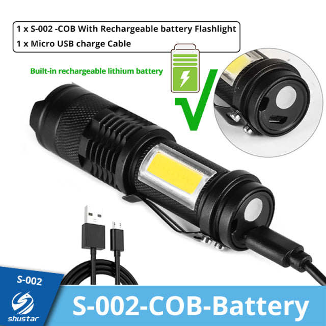 Mini Rechargeable LED Flashlight Use XPE + COB lamp beads 100 meters lighting